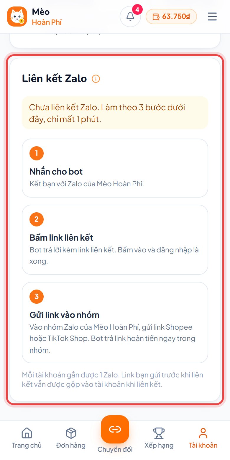 Liên kết Zalo trong trang Tài khoản
