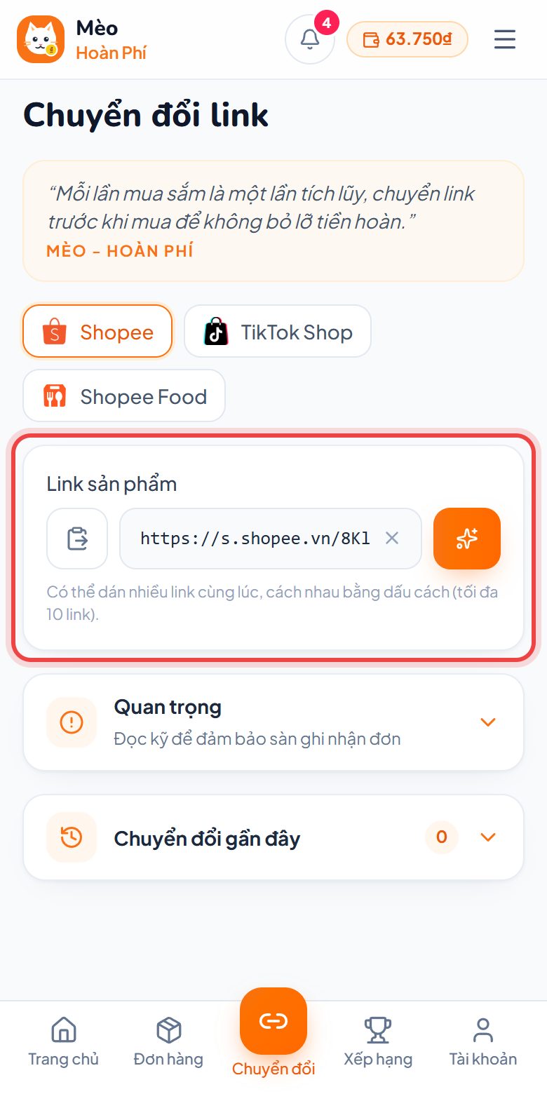 Dán link sản phẩm vào trang Chuyển đổi