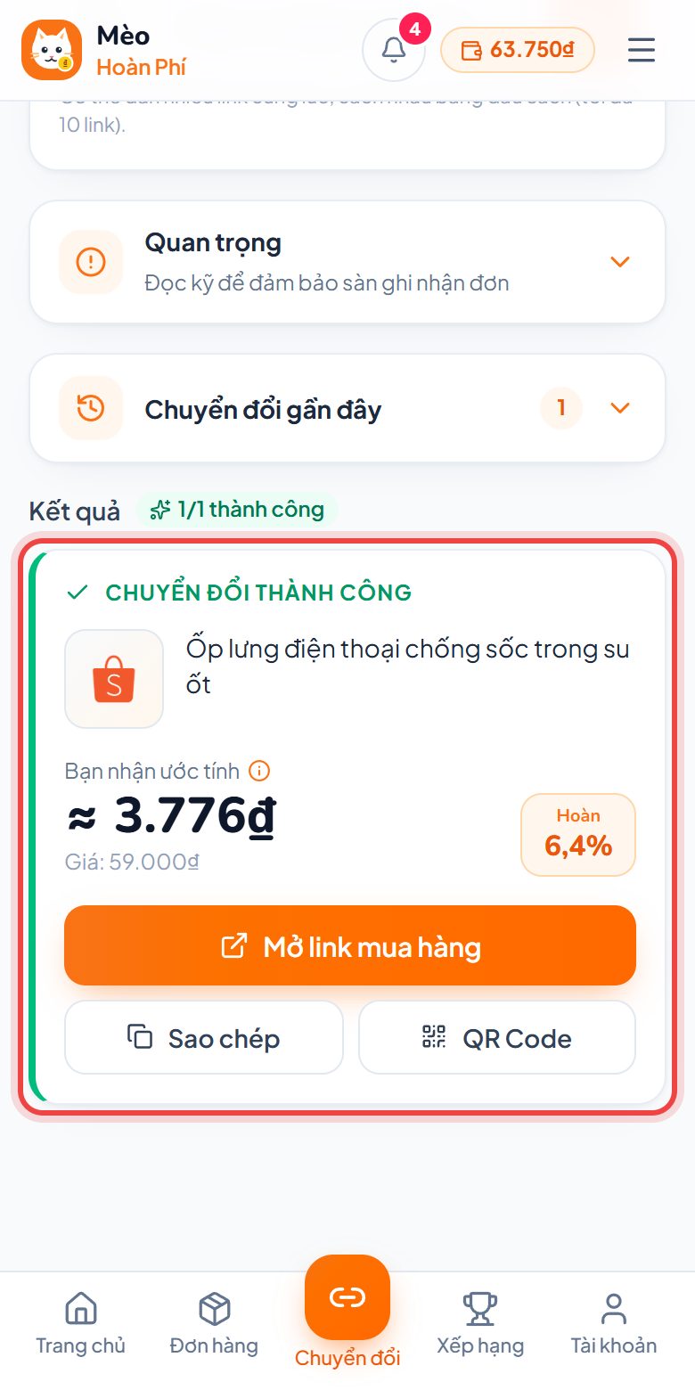 Kết quả chuyển link với số tiền hoàn ước tính