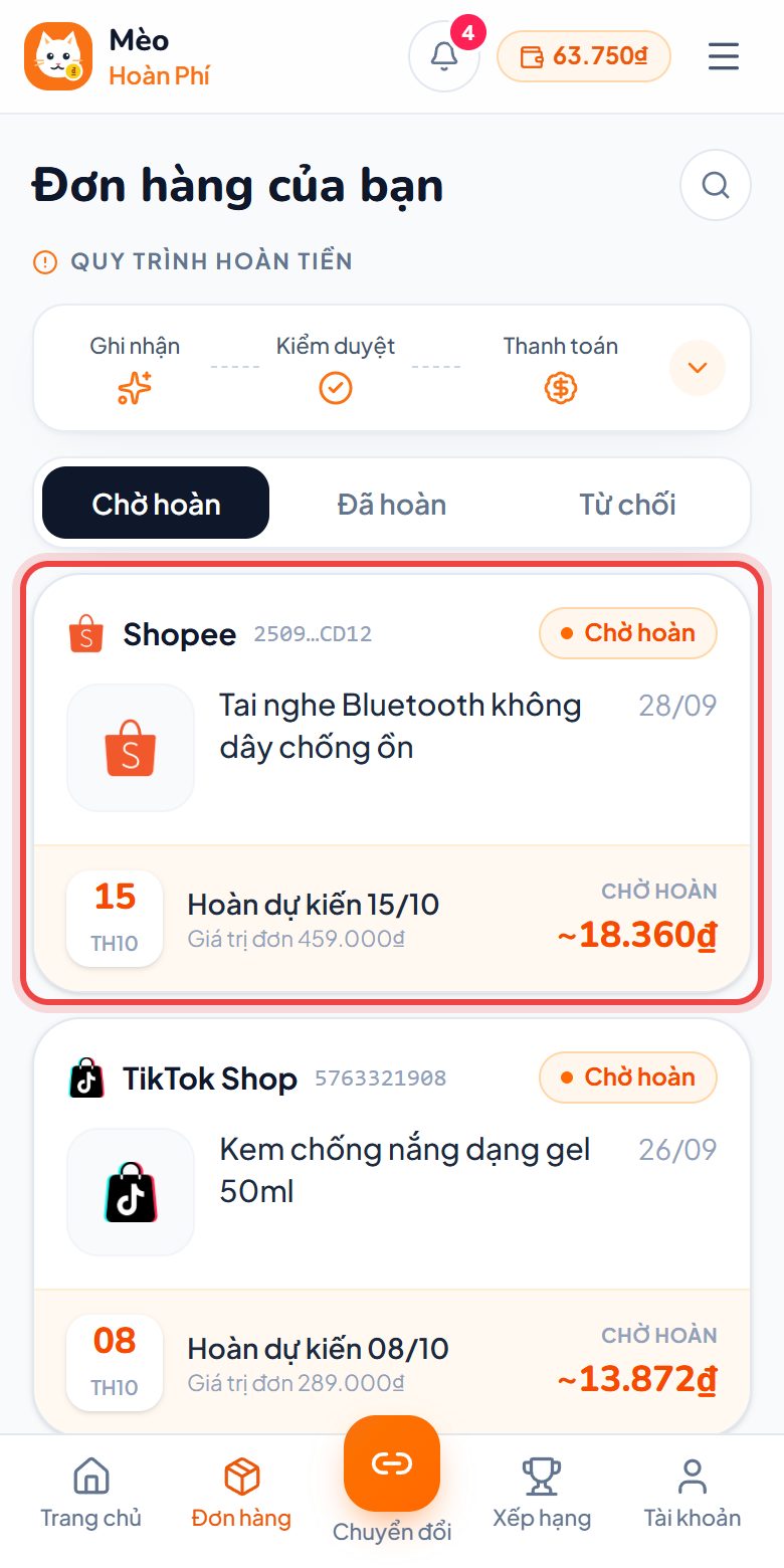 Đơn TikTok Shop trong mục Đơn hàng