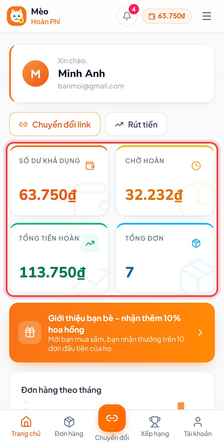 Các ô số dư ở Trang chủ