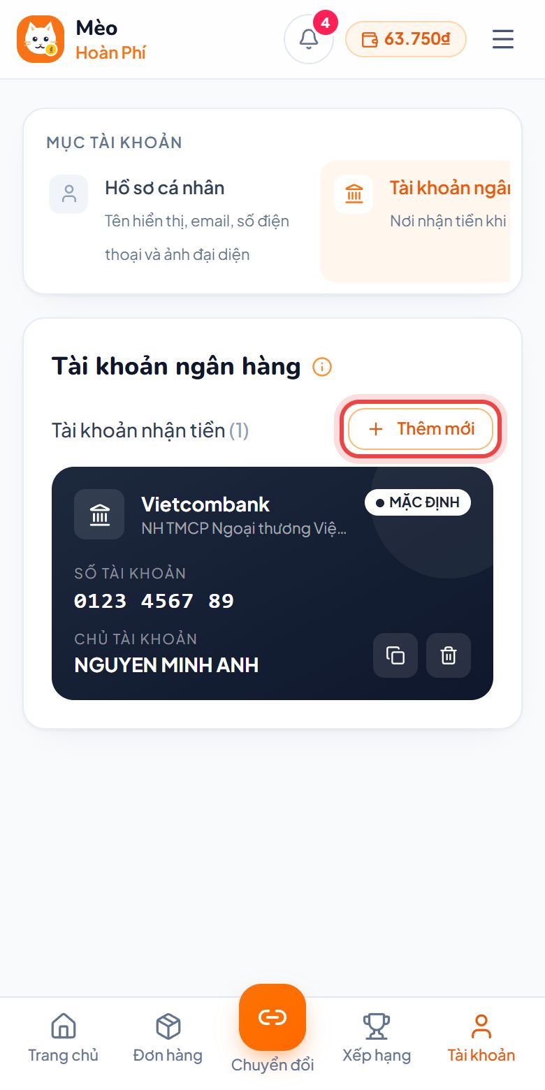 Thêm tài khoản ngân hàng