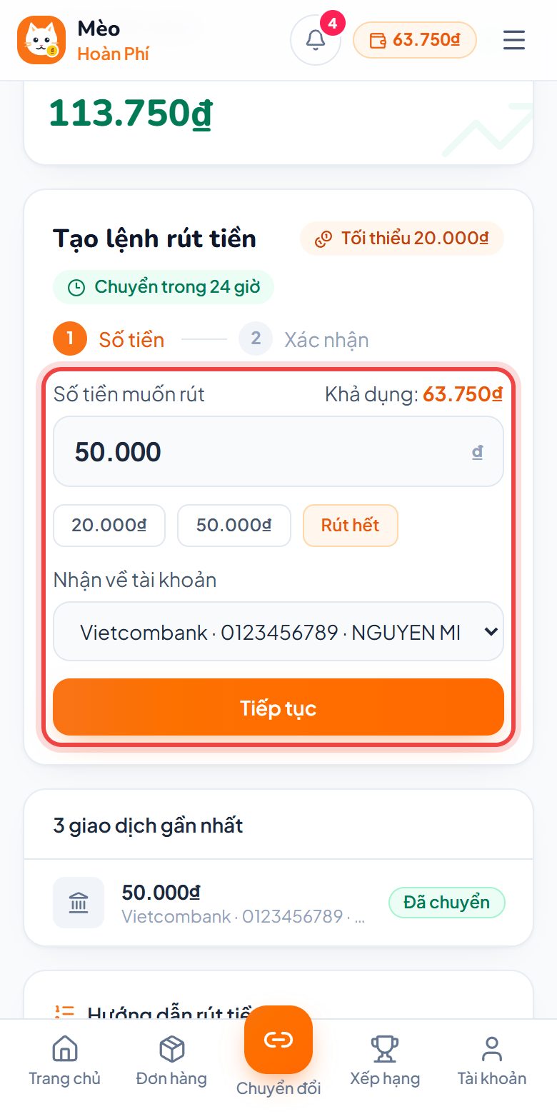 Nhập số tiền rút